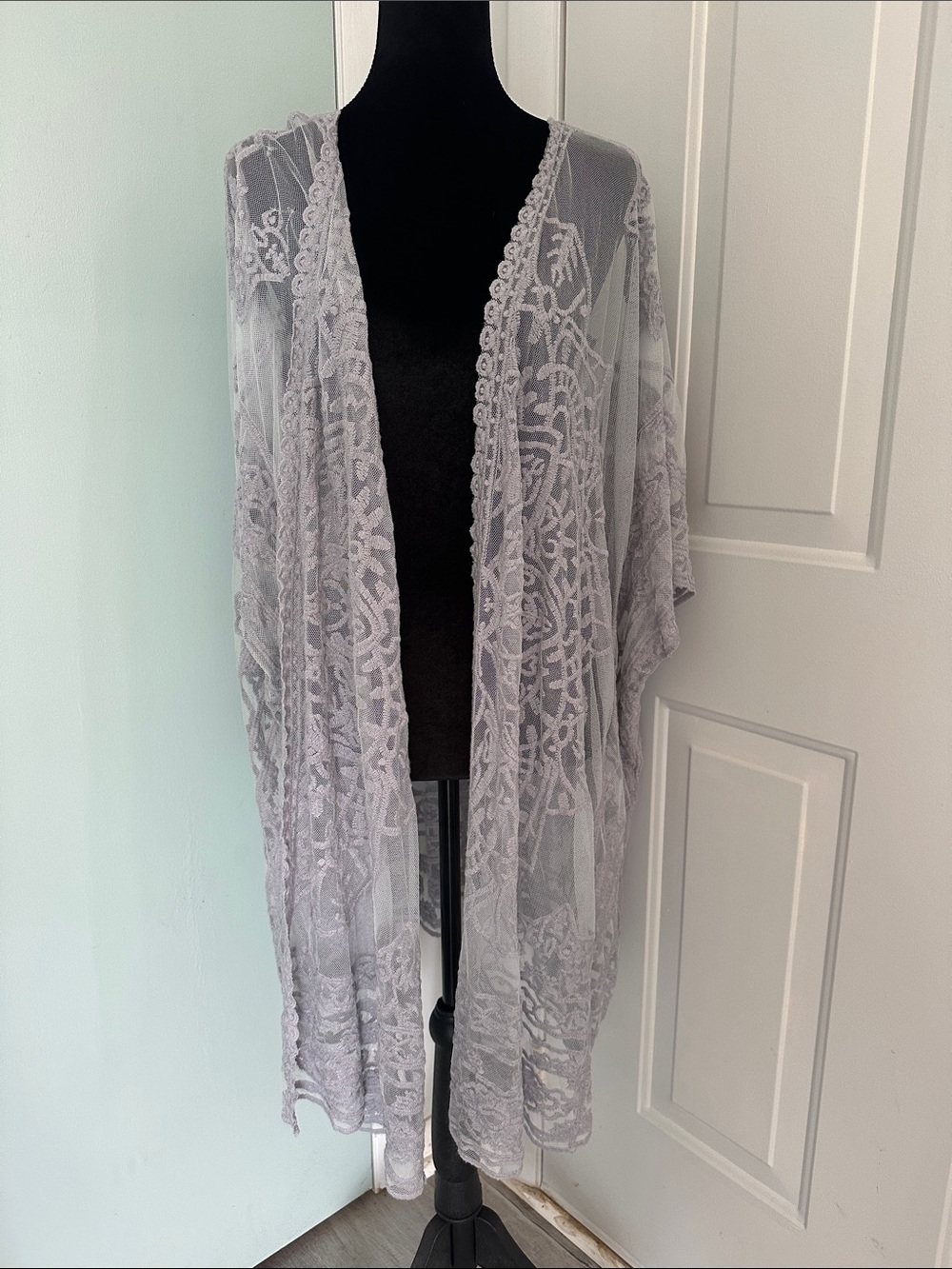 Sheer Lace Kimono Robe — Light Gray Lace Cover-Up